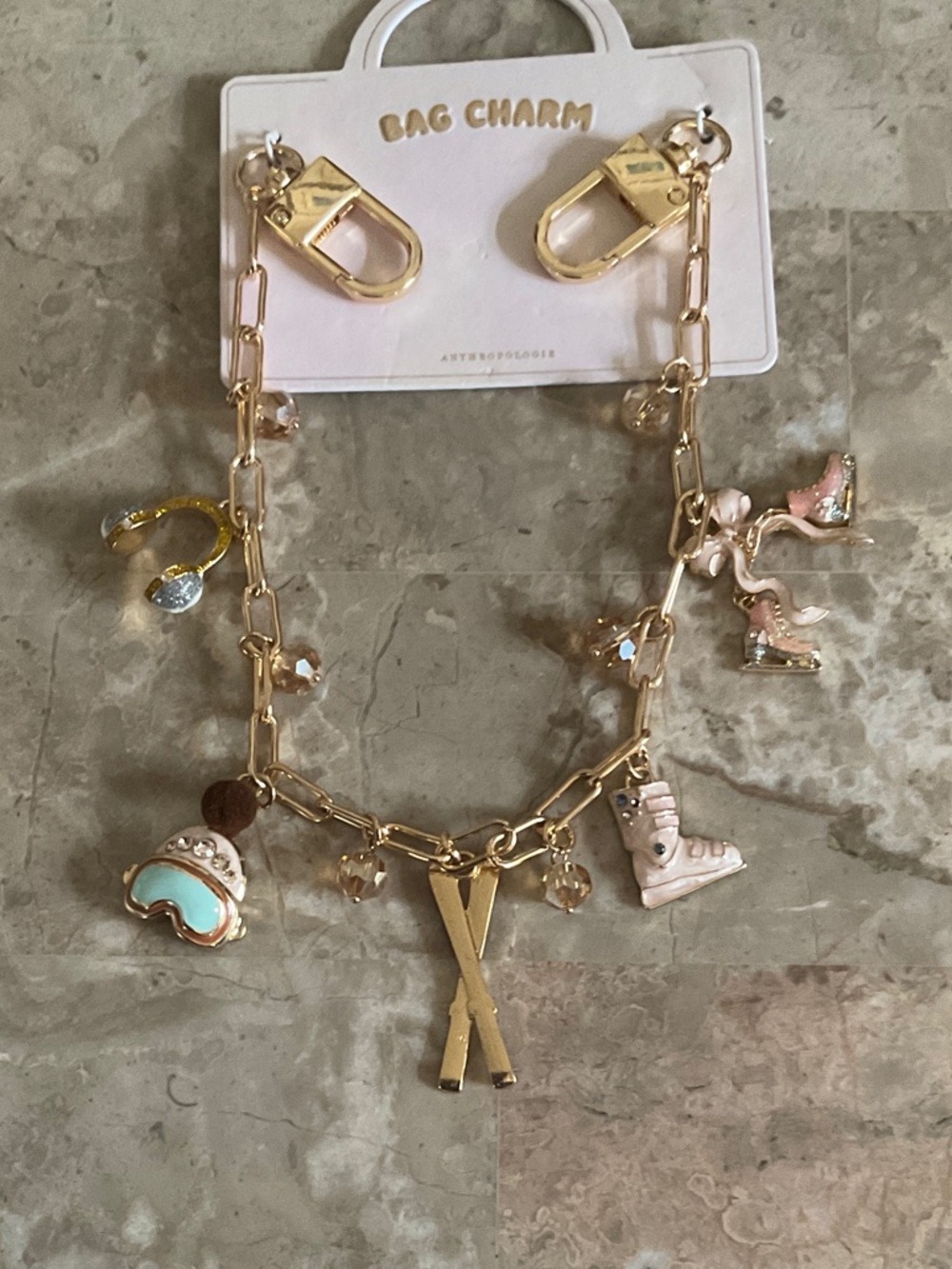 Anthropologie Gold Charm Bag Chain with Winter Ski Accents